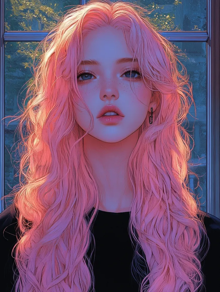 A young woman with long, flowing pink hair stares intensely at the viewer. She has blue eyes, light skin, and a small earring in her left ear. Her hair cascades over her shoulders and down her back, partially obscuring her black shirt. The background is a blurred image of a window with green foliage visible outside.