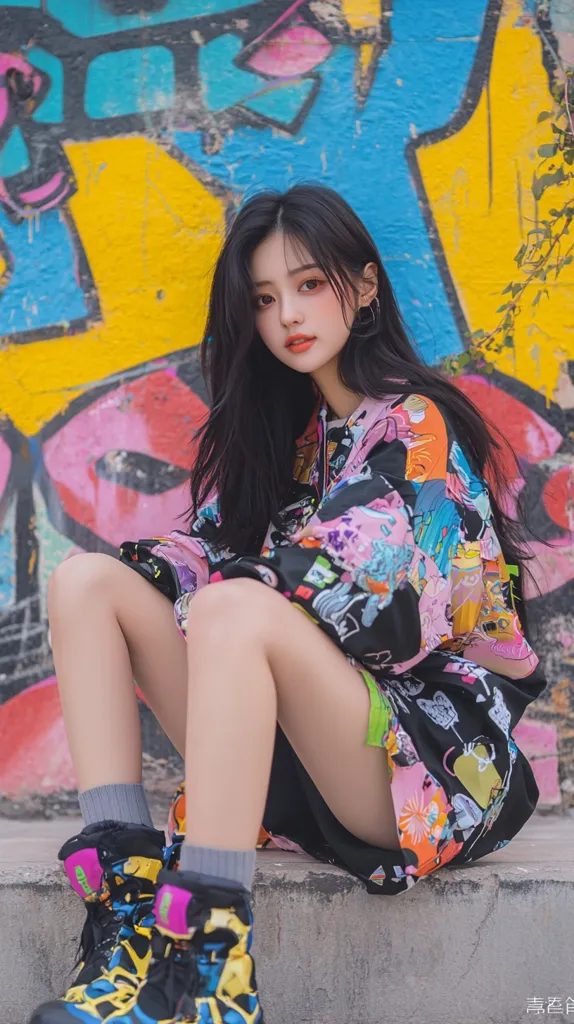 A young woman with long black hair sits in front of a colorful graffiti wall, wearing a black and pink patterned jacket and matching shorts, with brightly colored boots. Her expression is serious, with a slight smile playing on her lips.  The image is vibrant and playful, capturing the youthfulness and individuality of the subject.