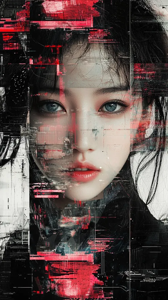 The image is a portrait of a young woman with long black hair. Her face is partially obscured by a digital glitch effect, creating a sense of mystery and intrigue. The woman's eyes are a striking blue, and her lips are painted a bright red. The overall effect is one of beauty and digital distortion.