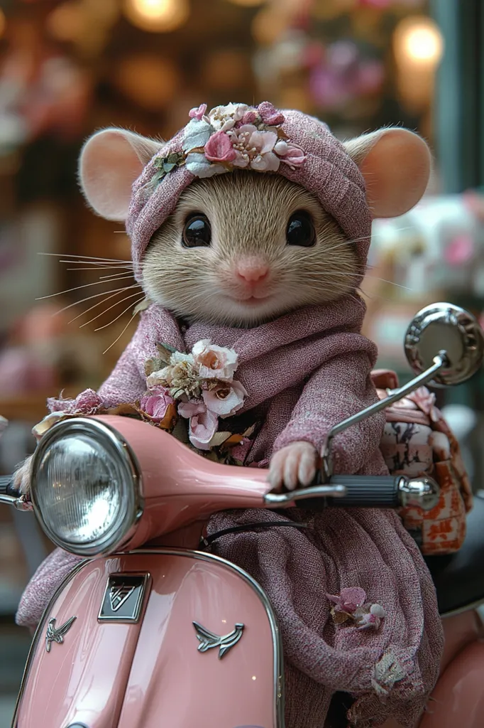 A cute mouse wearing a pink hat and scarf is riding a pink scooter. The mouse has big eyes and is smiling. The scooter is decorated with flowers and has a chrome headlight. The background is blurred and out of focus. The image is whimsical and charming.