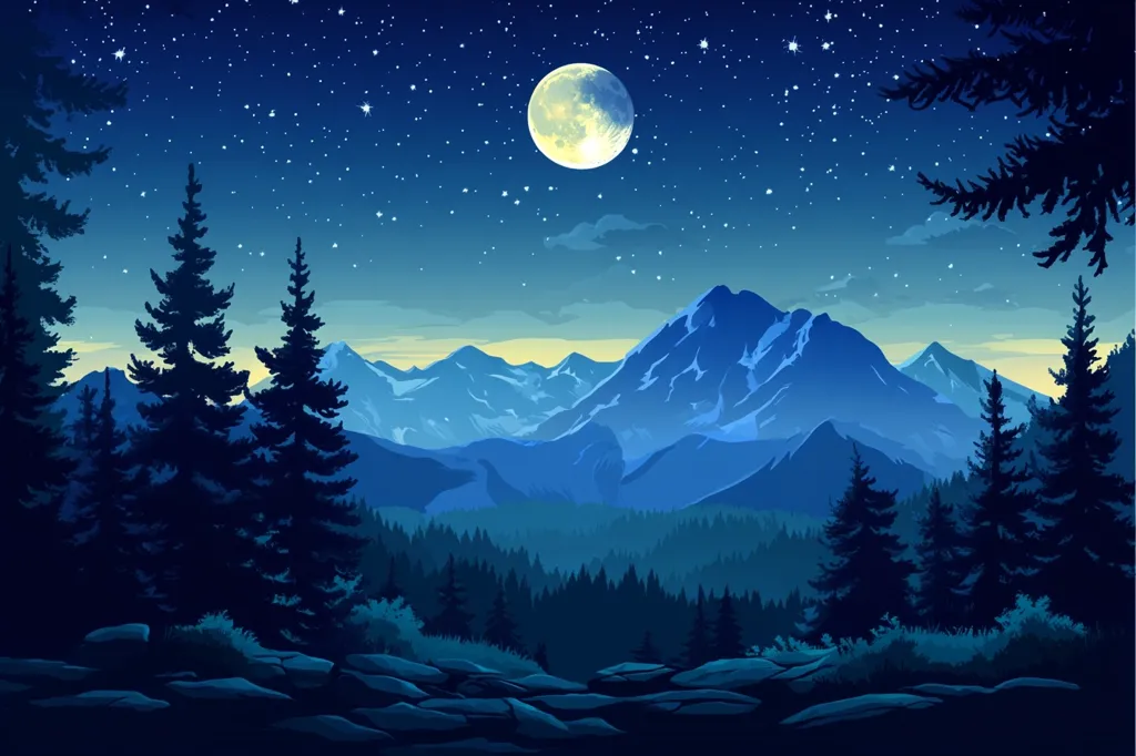 A large, full moon hangs in a dark blue sky dotted with tiny stars, illuminating a mountainous landscape. The foreground shows dark pine trees in silhouette, while the mountains in the distance are a cool blue with hints of white snow. The image evokes a sense of peace and tranquility, perfect for a calming night scene.