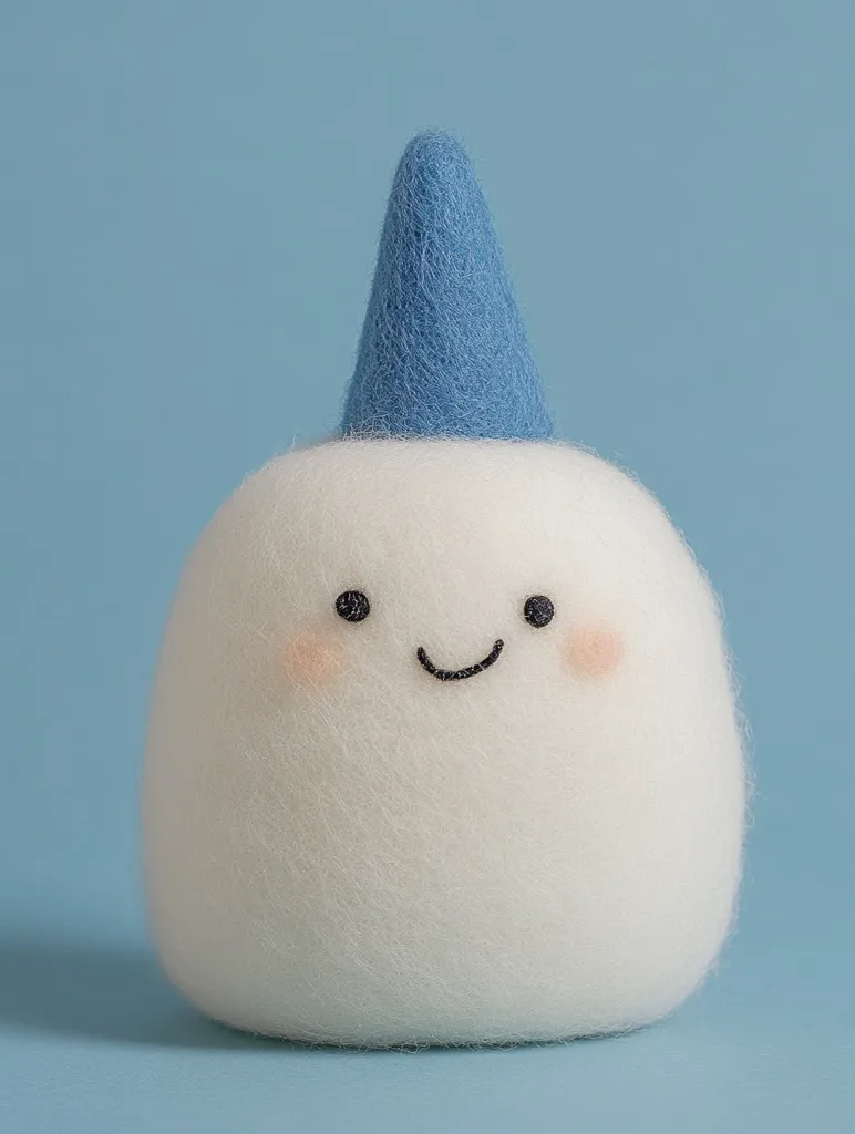 A white, fuzzy, handmade creature with a blue felt hat smiles happily. Its eyes are black and round, and it has pink cheeks. The background is a pale blue. The creature appears to be made from felt, giving it a soft and cuddly look.