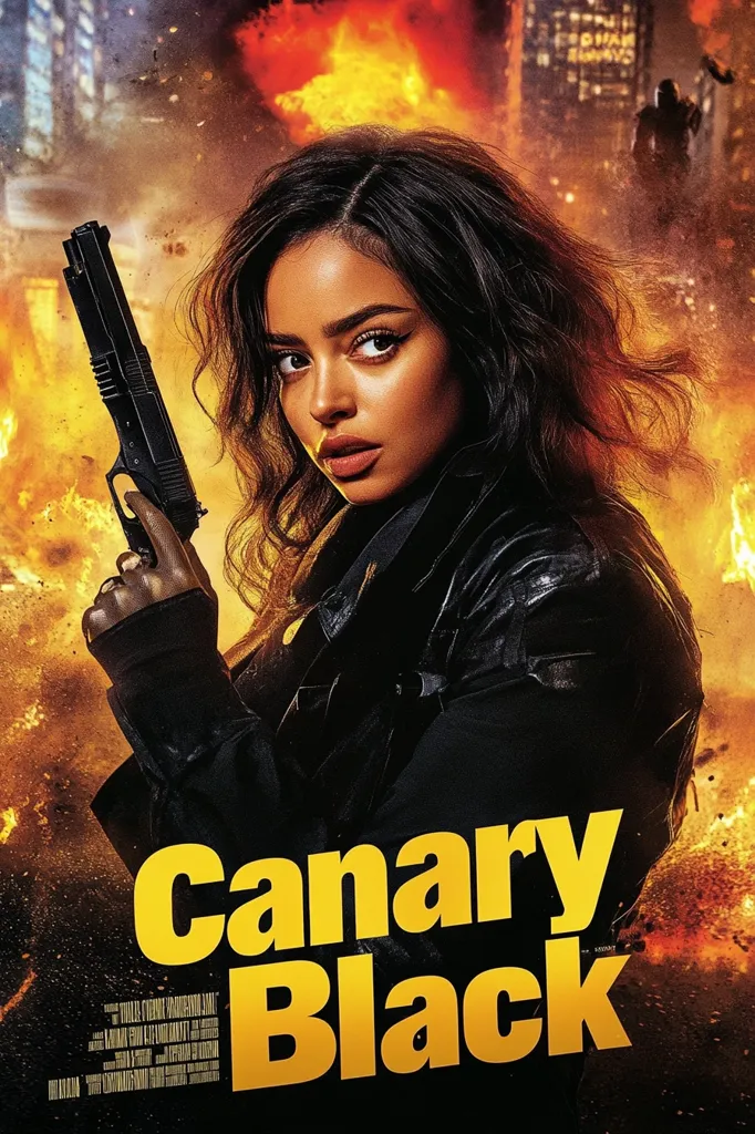 A woman with long dark hair, wearing a black leather jacket and holding a gun, stares intensely at the viewer. She is standing in front of a backdrop of fire and destruction. The words "Canary Black" are written in large, bold yellow letters at the bottom of the image. The overall feel of the image is dramatic and action-packed.