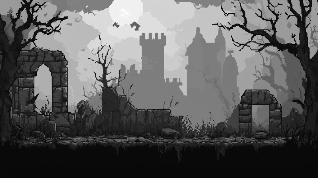 A pixelated grayscale image depicts a desolate landscape. A large, looming castle sits in the background, partially obscured by fog and bare trees. In the foreground, broken stone archways and overgrown foliage create a sense of decay and abandonment. The overall atmosphere is one of loneliness and mystery.