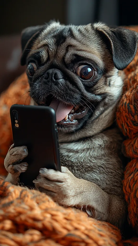 A pug with big, round eyes is looking intently at a smartphone held in its paws. The pug has its tongue sticking out and is sitting on a plush orange blanket. The dog's expression is comical and endearing, suggesting a playful and mischievous personality. The image captures the unique bond between humans and their pets, particularly the love and affection that dogs can show towards their owners.