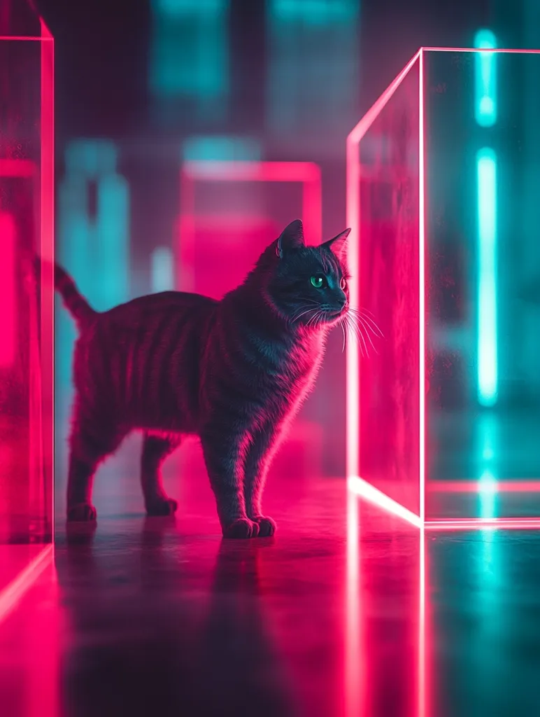 A black cat stands in a room bathed in pink and blue neon lights, casting long shadows on the floor.  The cat’s green eyes gleam in the light, as it gazes towards the right of the frame.  The scene is set against a backdrop of translucent geometric shapes, creating a dynamic and modern aesthetic. The use of vibrant neon colors and geometric shapes  gives the image a futuristic and otherworldly feel.