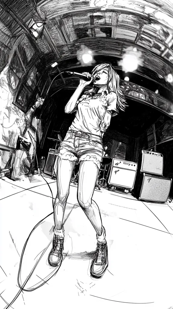 A woman with long hair sings into a microphone while standing on a stage. She wears a t-shirt and denim shorts, with her legs angled at a dynamic pose. The image is drawn in black and white, with strong contrasts and lines, giving it a gritty and energetic feel. Behind her are amplifiers and shadowy figures, suggesting the scene is part of a concert performance.  The perspective is from below, looking up at the singer, adding a sense of dynamism and intimacy.