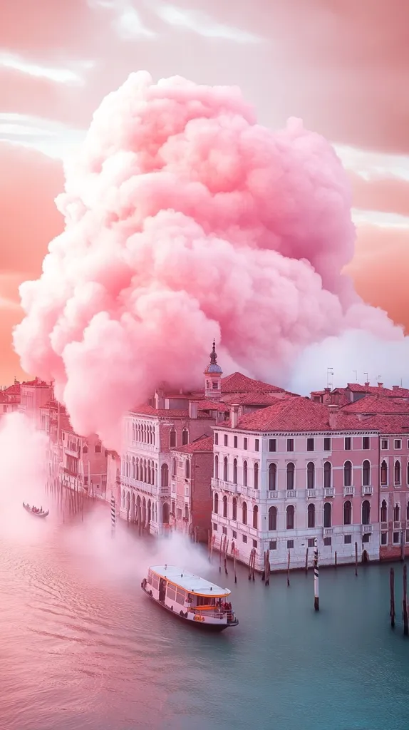 A large, fluffy pink cloud hangs over a canal in Venice. The water is calm, and a small boat is passing through the canal. The buildings on either side of the canal are tall and narrow, with red tile roofs. The sky is a pale pink, and the overall scene is peaceful and serene.
