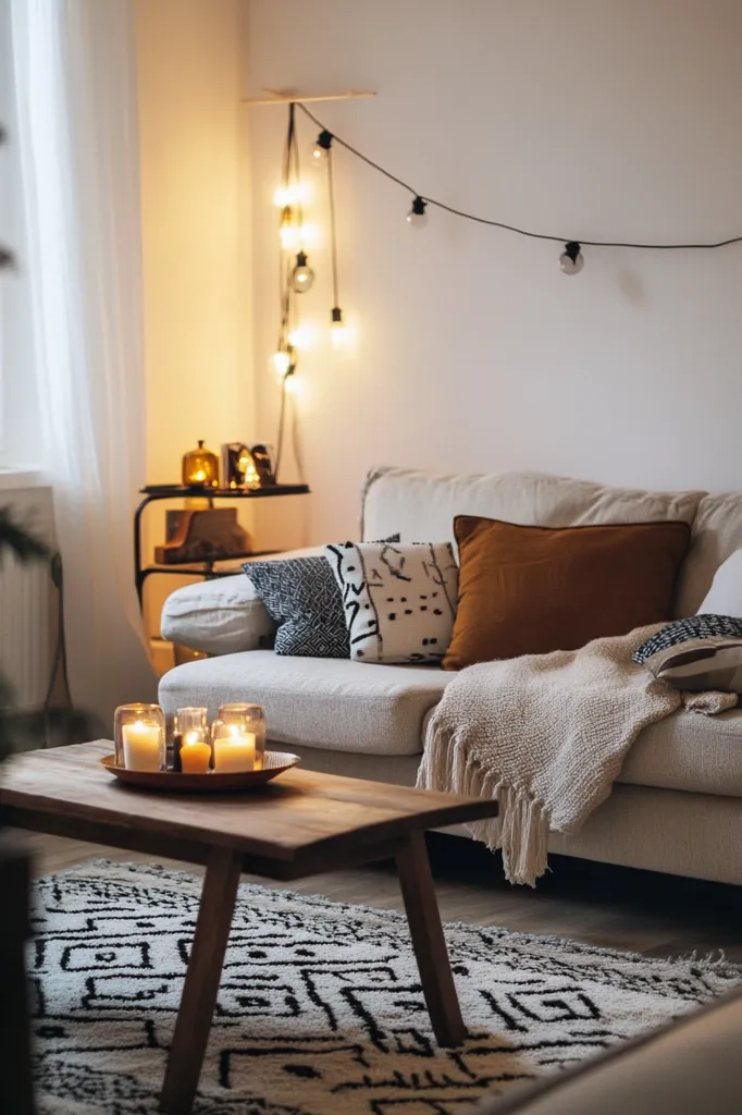 A cozy living room with a white couch adorned with throw pillows and a soft blanket. The couch is facing a wooden coffee table with lit candles. String lights hang from the ceiling and add a warm glow to the room. A white rug with a black geometric pattern completes the ambiance. The overall atmosphere is inviting and relaxing, perfect for a quiet evening at home.