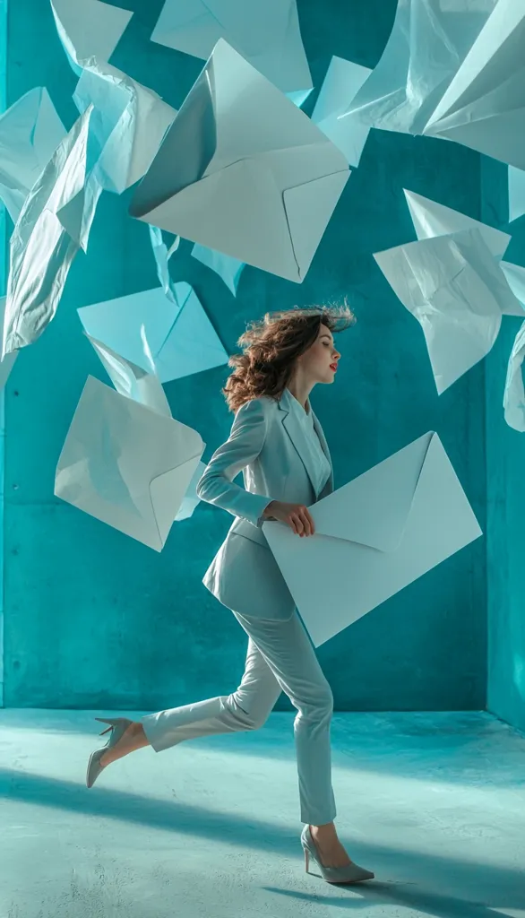 A woman in a light blue suit runs through a room with a blue background. Her hair is blowing in the wind as she holds a large white envelope in her hands. Numerous white envelopes of different sizes are falling from the sky, creating a surreal and dynamic scene. The image captures a sense of movement and energy.