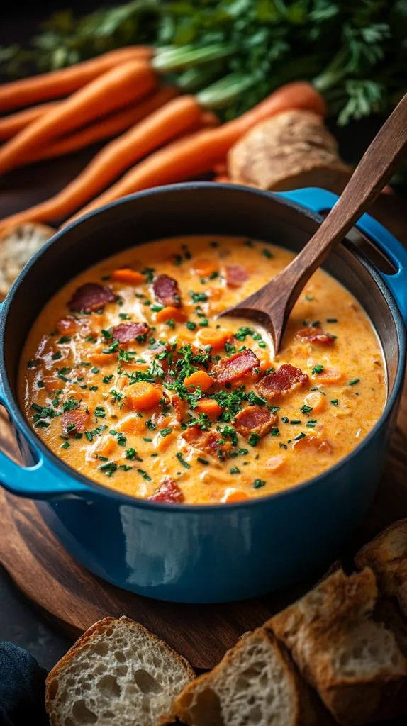 A blue pot filled with a creamy, orange soup. The soup is topped with chopped green onions and bacon bits. A wooden spoon is in the soup. There are some carrots and bread in the background. The soup looks delicious and comforting.