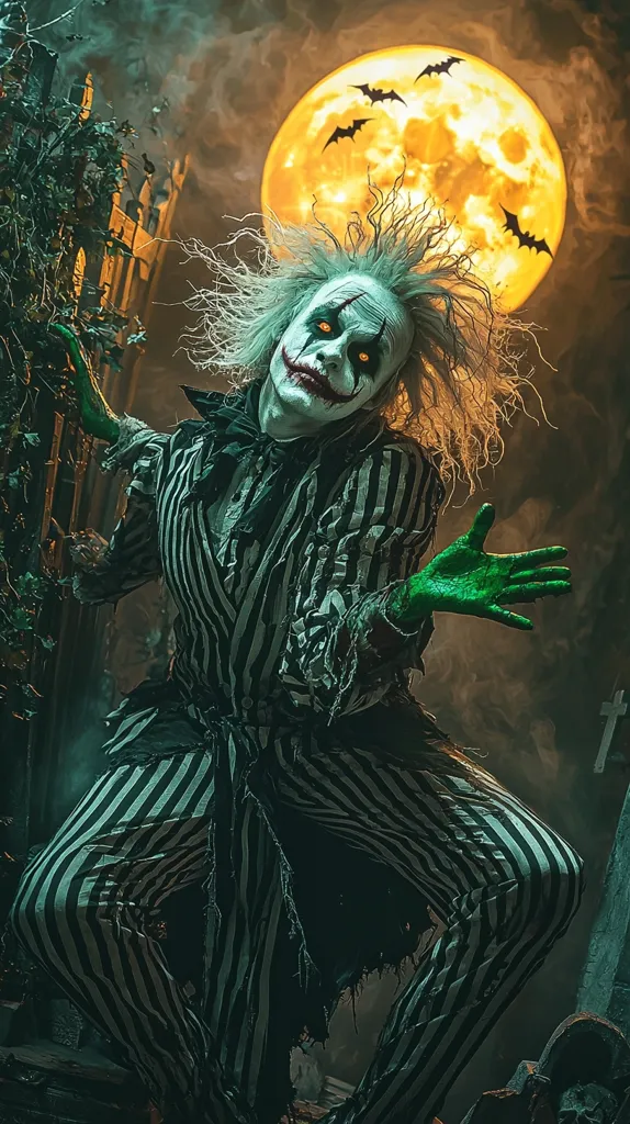 A creepy clown with a sinister grin and green eyes stands against a dark, eerie backdrop.  His long, white hair falls around his face. He is wearing a tattered black and white striped costume, with his right hand raised in a menacing gesture. In the background, a large, bright yellow moon hangs in the smoky sky, with three silhouettes of bats flying around it. The image evokes a sense of horror and the macabre.