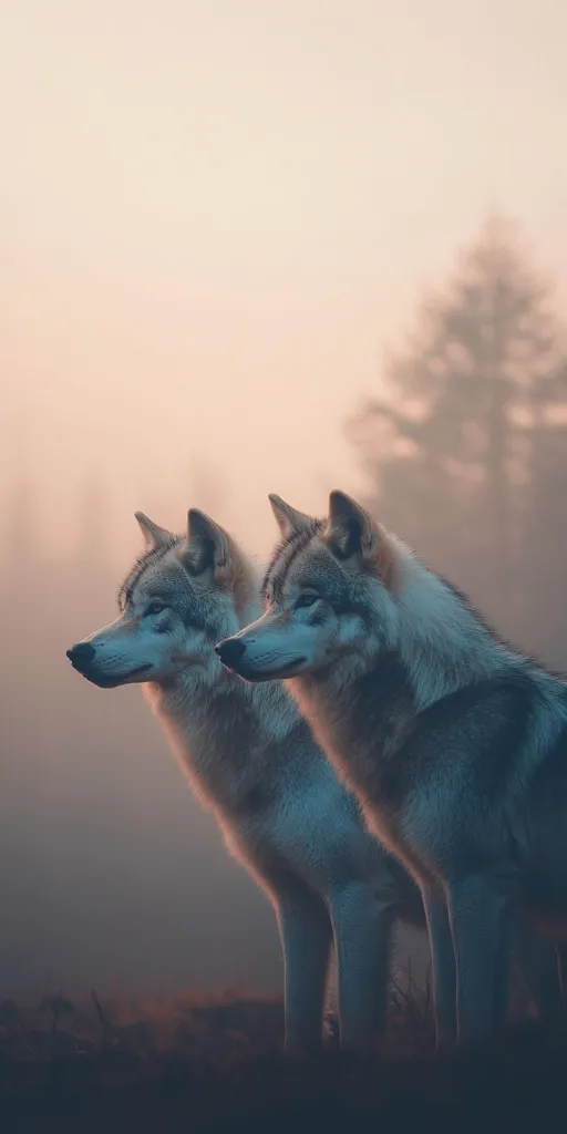 Two grey wolves stand side-by-side in a hazy, misty forest. The wolf on the right is looking directly at the viewer, while the wolf on the left looks away, giving the image a sense of mystery and intrigue. The soft, warm light of the setting sun creates a dreamy atmosphere.
