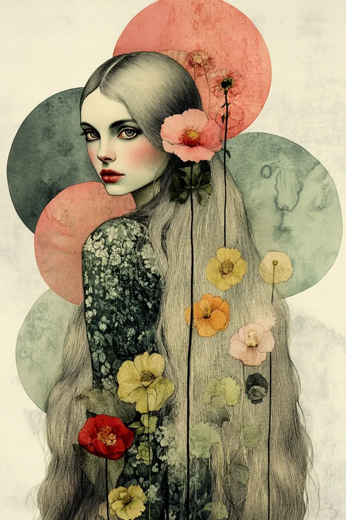 A young woman with long blonde hair is depicted in a delicate watercolor illustration. She is wearing a floral patterned dress and has a dreamy expression. Several watercolor circles, resembling moons, are in the background. The image features delicate flowers and an ethereal feel.