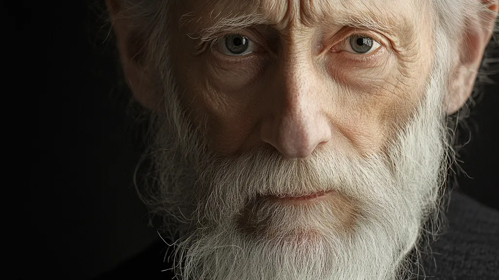 The close-up image focuses on an elderly man's face. His white beard frames his wrinkled, weathered skin, with deep-set eyes that hold a story. His gaze is intense,  casting a shadow of seriousness on his face, suggesting a lifetime of experiences.  The image captures the weight of age and the wisdom held within the lines of his face.
