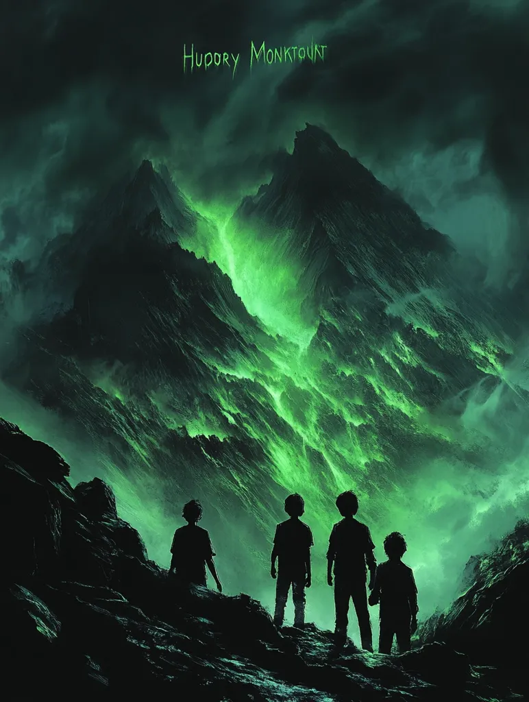 Four figures stand in silhouette against a backdrop of a looming mountain range. The mountain's peak is engulfed in a bright green glow, creating an eerie, otherworldly atmosphere. The sky above is dark and cloudy, adding to the sense of mystery and foreboding. The image evokes a sense of isolation and the unknown.  The word "Hudory Monktuont" is written in a gothic-style font at the top of the image.