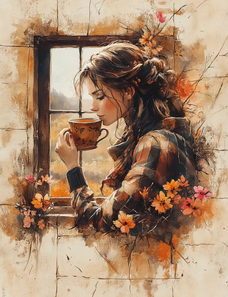 A woman with long brown hair, wearing a plaid shirt, looks out of a window.  She is holding a cup of tea, with a few flowers and leaves in the background.  The scene is painted in a realistic style, with soft colors and warm tones, capturing the quiet beauty of a moment of contemplation.