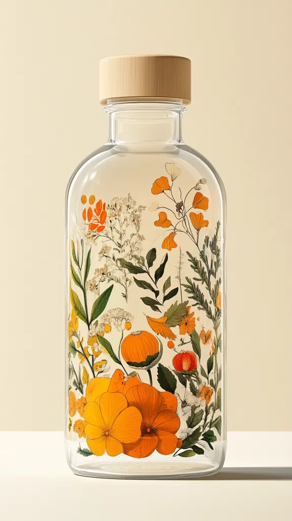 A glass bottle with a wooden lid features a colorful floral design. The bottle contains various flowers and leaves in shades of orange, yellow, and white. The flowers are in bloom and the leaves are green and brown. The image is a still life composition of a glass bottle with floral decoration, captured on a neutral background.