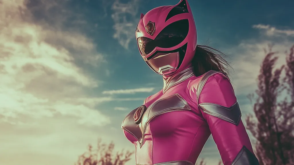 A woman dressed as the Pink Ranger from the Power Rangers franchise stands against a background of fluffy clouds and trees. She is wearing a pink suit with silver accents, a pink helmet with a visor, and a determined expression. The light is warm, casting a golden glow on the scene.  She has a long, dark ponytail.