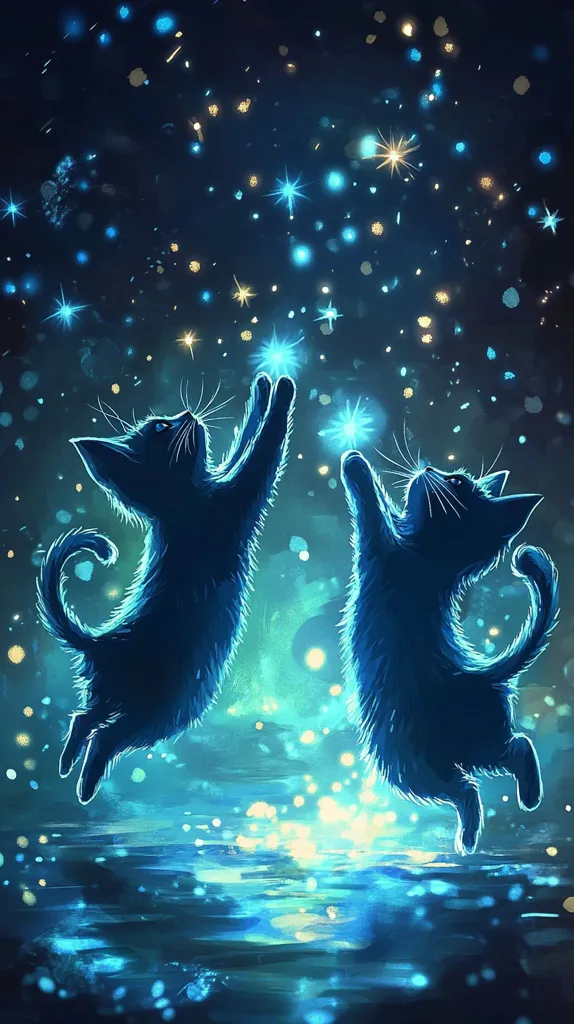 Two black cats leap up in a magical night sky filled with swirling lights. Their paws reach towards the twinkling stars, creating a whimsical and enchanting scene.  The background is a dark blue with vibrant turquoise hues, and the cats stand out with their black silhouettes.  The image evokes a sense of joy and wonder, like a dream come to life.
