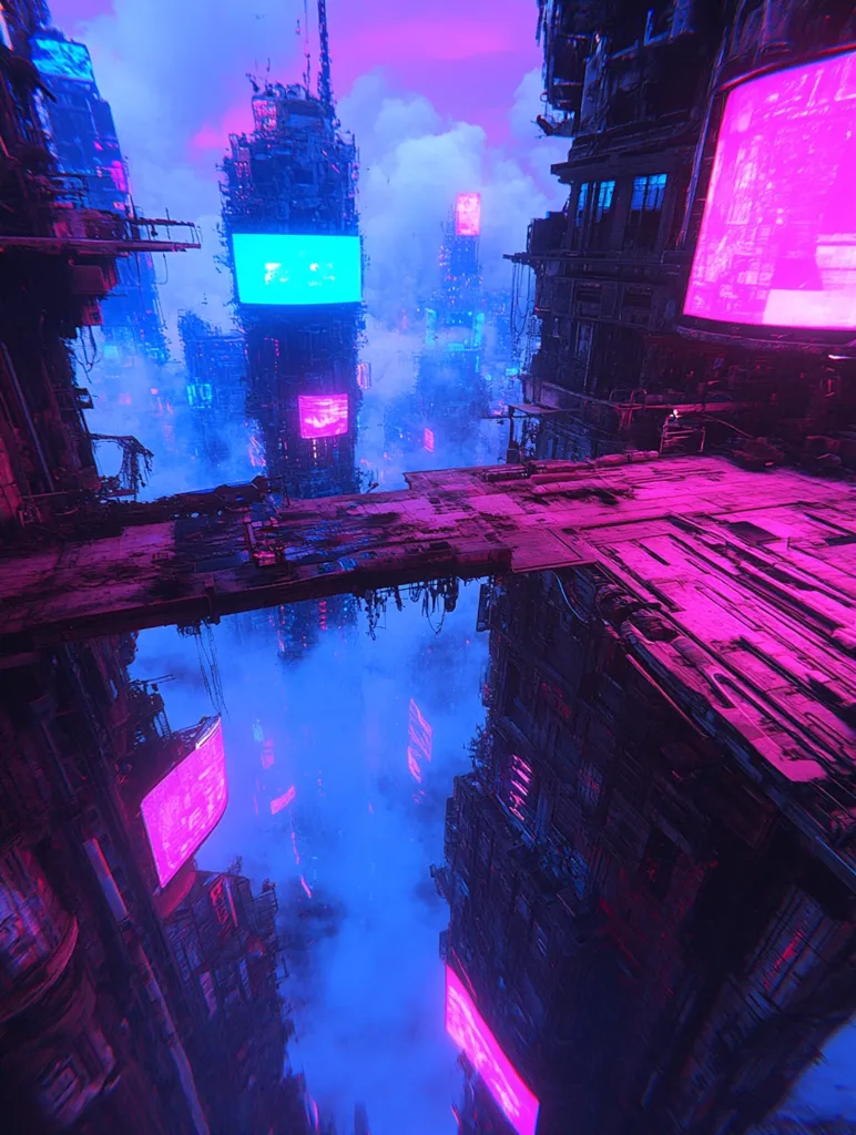 The image depicts a futuristic cityscape with towering structures and a haze of neon lights. The perspective is from a high angle, looking down at the city. The dominant colors are pink and blue, creating a vibrant and otherworldly atmosphere. The buildings are adorned with glowing billboards, and the overall impression is one of both beauty and decay. The image has a sense of mystery and intrigue, hinting at a world both technologically advanced and yet strangely isolated.
