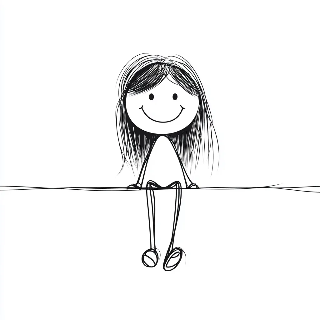 The image is a simple line drawing of a stick figure girl with long hair and a big smile. She is sitting with her legs dangling and looks happy and carefree. The drawing is on a white background with a thin line separating the girl from the blank space.  The style is whimsical and childlike.