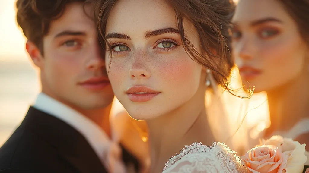 A young woman with freckles and rosy cheeks is the focus of the image. She is wearing a white dress with lace and looking directly at the camera. A man in a black suit is partially obscured behind her, looking off to the side. A second woman, out of focus, is in the background on the right. The image is warm and romantic, capturing a moment of intimacy and love.