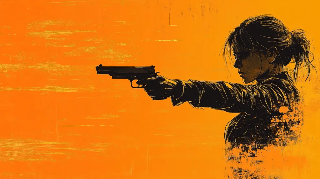 The image depicts a woman in a silhouette holding a gun. Her body and the gun are the only visible parts of the image. She is facing the right side of the image. The background is a solid bright orange color. The image is a digital drawing.