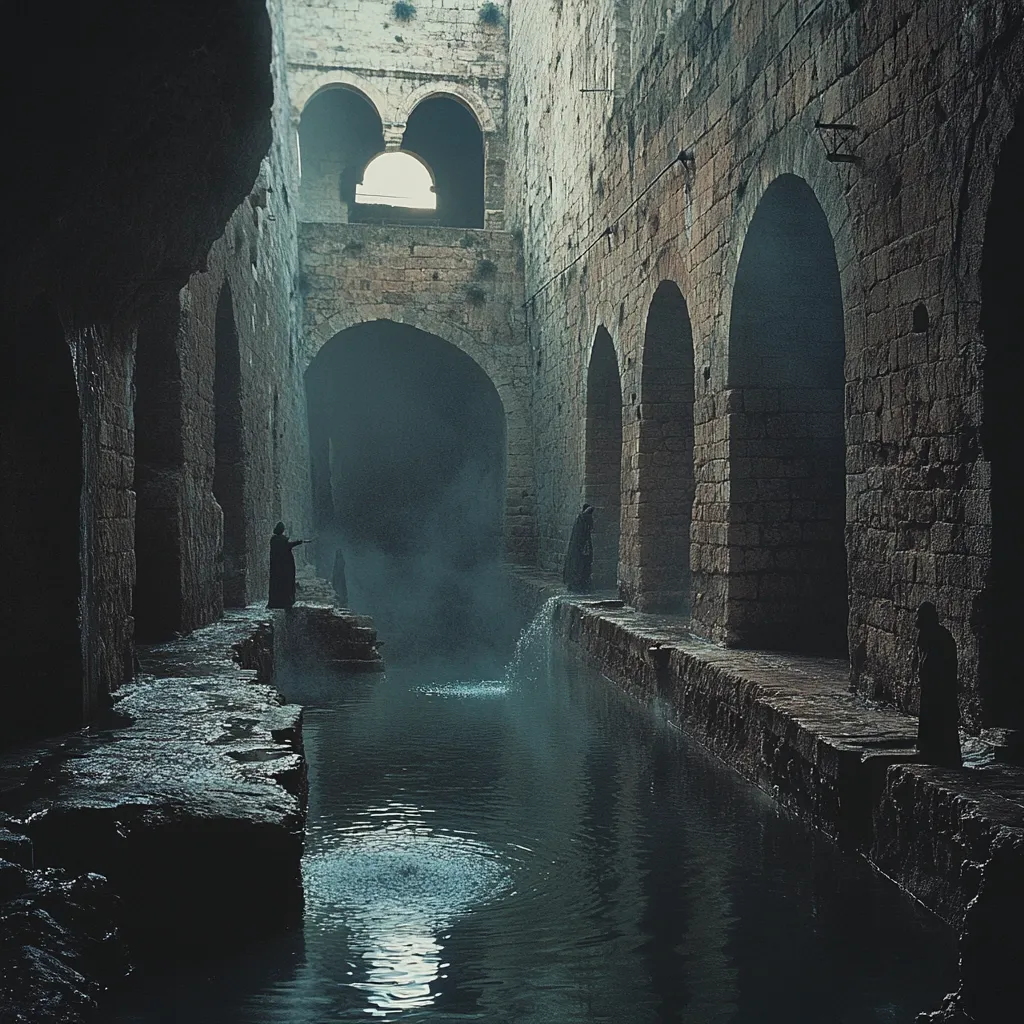 A long, narrow canal runs through an ancient stone structure with arched doorways. The canal is filled with dark, still water, and a misty haze hangs in the air. Two figures stand on the edge of the canal, shrouded in shadow, their forms barely visible against the dark stone. The scene evokes a sense of mystery and intrigue, hinting at a hidden world within the walls of the ancient structure.