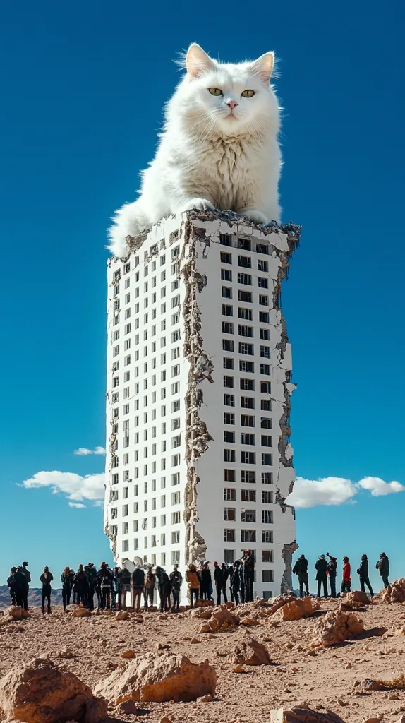 A giant white cat sits atop a crumbling, partially destroyed building, its silhouette standing out against a clear blue sky. A group of people stand in the foreground, dwarfed by the scale of the cat and the building, creating a surreal and slightly humorous scene. The desert landscape stretches out before them, adding to the sense of vastness and isolation.