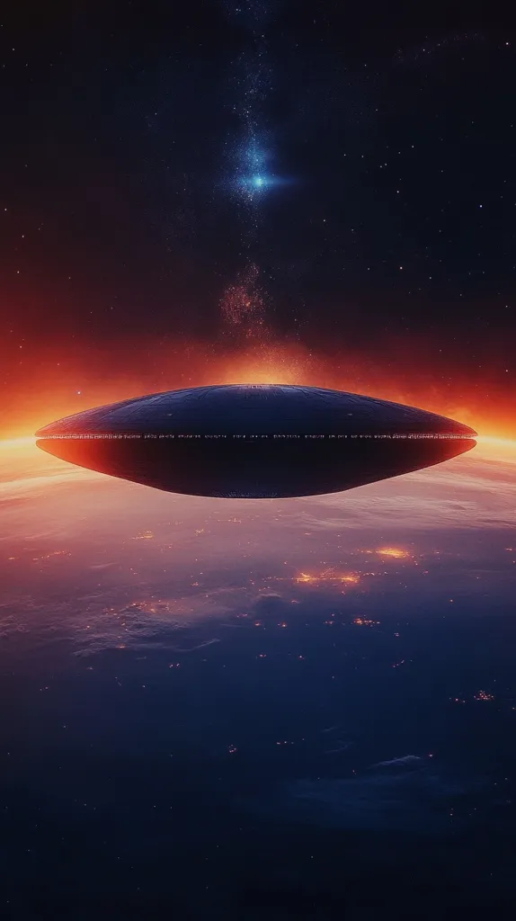 A large, dark, disc-shaped spacecraft hovers above a planet with a glowing orange atmosphere.  The spacecraft is positioned directly in front of a bright star, and a faint trail of stars appears above it. The planet's surface is obscured by clouds, but scattered lights are visible in the distance.  The scene is dark and mysterious, evoking a sense of wonder and awe.