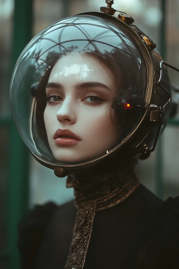 A woman in a dark, ornate outfit wears a large, round, metallic helmet with a clear visor. Her eyes are framed with thick lashes, and her lips are full and slightly parted. The helmet has intricate details and a red light glowing near her ear. The image has a dark, mysterious, and slightly futuristic aesthetic.