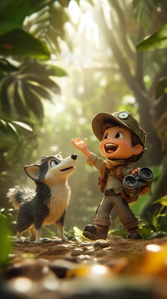 A cartoon boy wearing a safari hat and holding binoculars stands in a jungle setting, smiling and looking at a cartoon wolf beside him. Lush green foliage surrounds them as the sun shines through the leaves. The boy and wolf are both small and appear to be friends, creating a whimsical and playful atmosphere.
