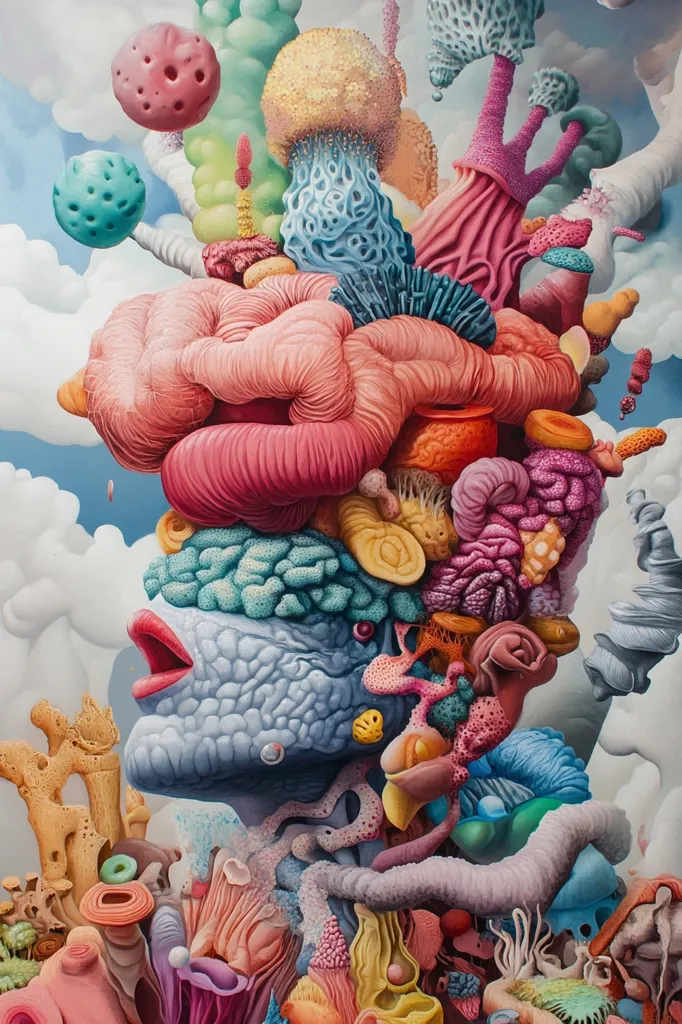 The image depicts a vibrant and surreal composition of organic forms, resembling a grotesque coral reef.  A fleshy, pink, and bulbous mass sits atop a figure with a blue, textured face and open mouth. The figure is surrounded by a variety of colorful coral, polyps, and other marine life. The image appears to be a painting or digital artwork.