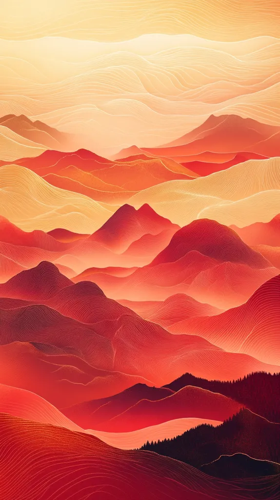 The image depicts a vibrant landscape of rolling hills and mountains, painted in shades of red, orange, and yellow. The hills are formed by delicate, flowing lines, creating a sense of movement and depth. The colors transition seamlessly from a warm yellow in the sky to a rich red in the foreground, highlighting the dramatic interplay of light and shadow. The image is reminiscent of a sun-drenched desert scene, showcasing the beauty of nature's abstract patterns.