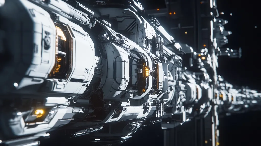 The image showcases a close-up of a futuristic spaceship, its sleek white exterior adorned with intricate panels and glowing yellow accents. The vessel's design is heavily detailed, hinting at advanced technology and a sense of sci-fi grandeur. The dark background emphasizes the spaceship's metallic brilliance, suggesting a journey through the vast emptiness of space.
