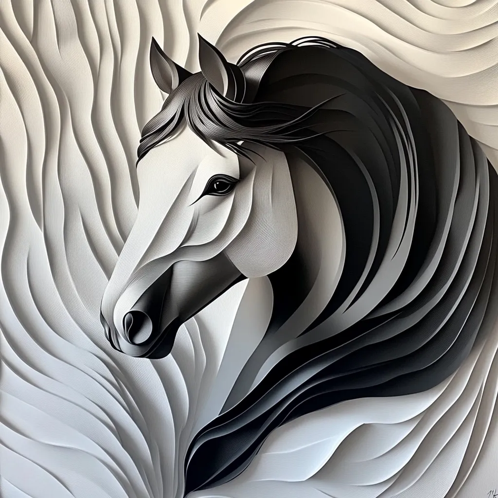 A black and white paper art piece depicting a horse's head. The horse has a white body, black mane, and tail, with intricate paper details creating a sense of depth and texture. The background is a wave of white paper, adding to the abstract and artistic feel. The image captures the horse's graceful features and the beauty of paper art.