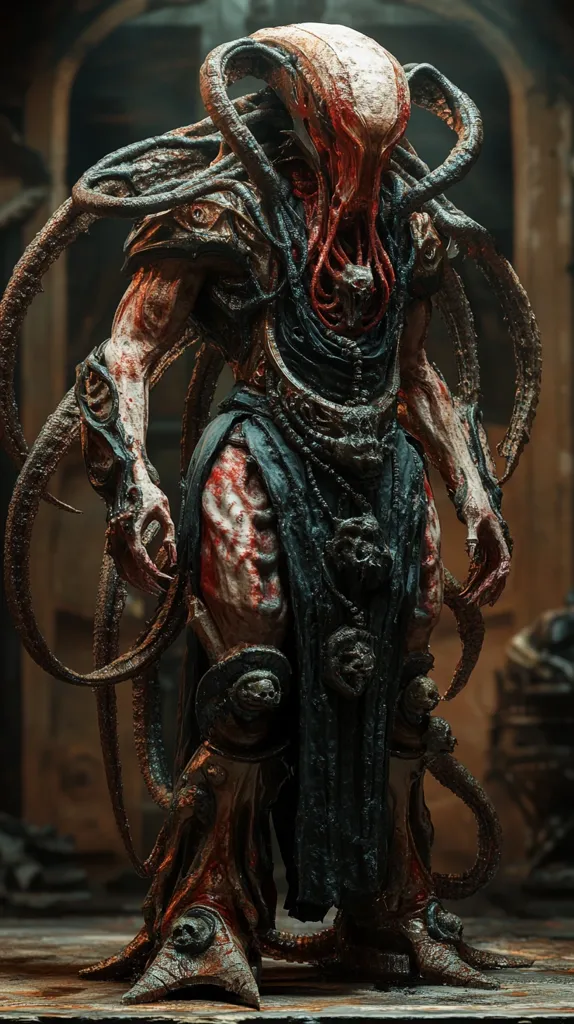 The image depicts a monstrous creature with a humanoid form. Its body is covered in a fleshy, bloody substance, and its head is a twisted, misshapen mass of tentacles and eyes. It wears a tattered robe and is adorned with skeletal ornamentation. The creature stands in a dimly lit, rundown setting, suggesting a dark and ominous atmosphere. Its menacing appearance and grotesque features evoke a sense of horror and unease.