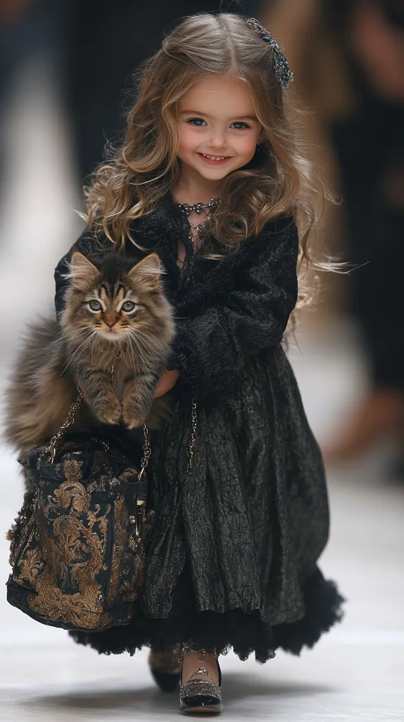 A young girl with long blonde hair and a big smile is dressed in a black dress with a gold embellishment. She is holding a fluffy brown cat in her arms. The girl is wearing a silver necklace and a black hair bow. She is walking with her cat.  The girl is wearing black shoes with gold embellishments.