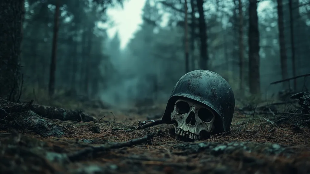 A human skull, wearing a military helmet, lies on the forest floor, surrounded by fallen leaves and branches. The dense forest behind the skull is obscured by fog, creating a dark and eerie atmosphere. The image evokes a sense of loss, war, and the passage of time.