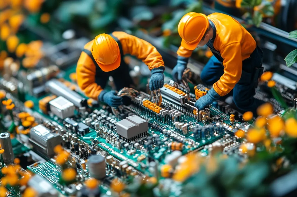 Two miniature figures wearing orange jumpsuits and hard hats are working on a large, intricate circuit board. They are carefully manipulating wires and components, their tiny hands focused on the task at hand. The board is surrounded by greenery, creating a whimsical contrast between the technological and natural worlds.  The image captures the intricate details of electronics and the human element in their construction.