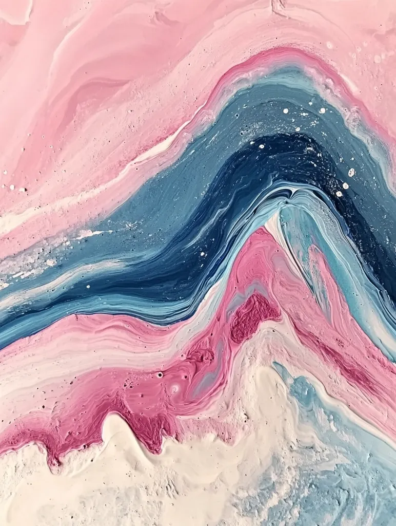 The image features a abstract, flowing pattern of pink, blue, and white colors. The colors are blended together in a swirling, marbled effect. The background is a light pink, with the blue and white colors creating a wavy pattern across the center of the image. The blue color has a darker, more textured appearance, while the pink color has a softer, more faded feel. The white color adds a subtle highlight to the overall design. The entire image gives a sense of movement and fluidity.