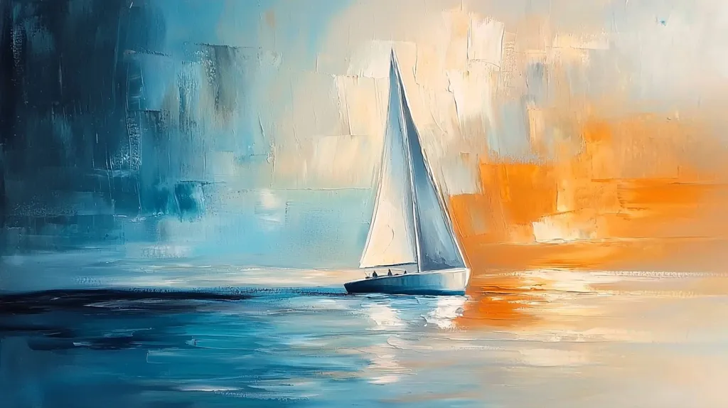 The painting depicts a sailboat sailing on a body of water. The sky above is painted in shades of blue and orange, suggesting a sunset or sunrise. The water is a vibrant blue, reflecting the light from the sky. The sailboat itself is white with a blue hull, and its sails are billowing in the wind. The painting is created with bold brushstrokes, giving it a textured and abstract quality. The overall effect is one of tranquility and serenity.