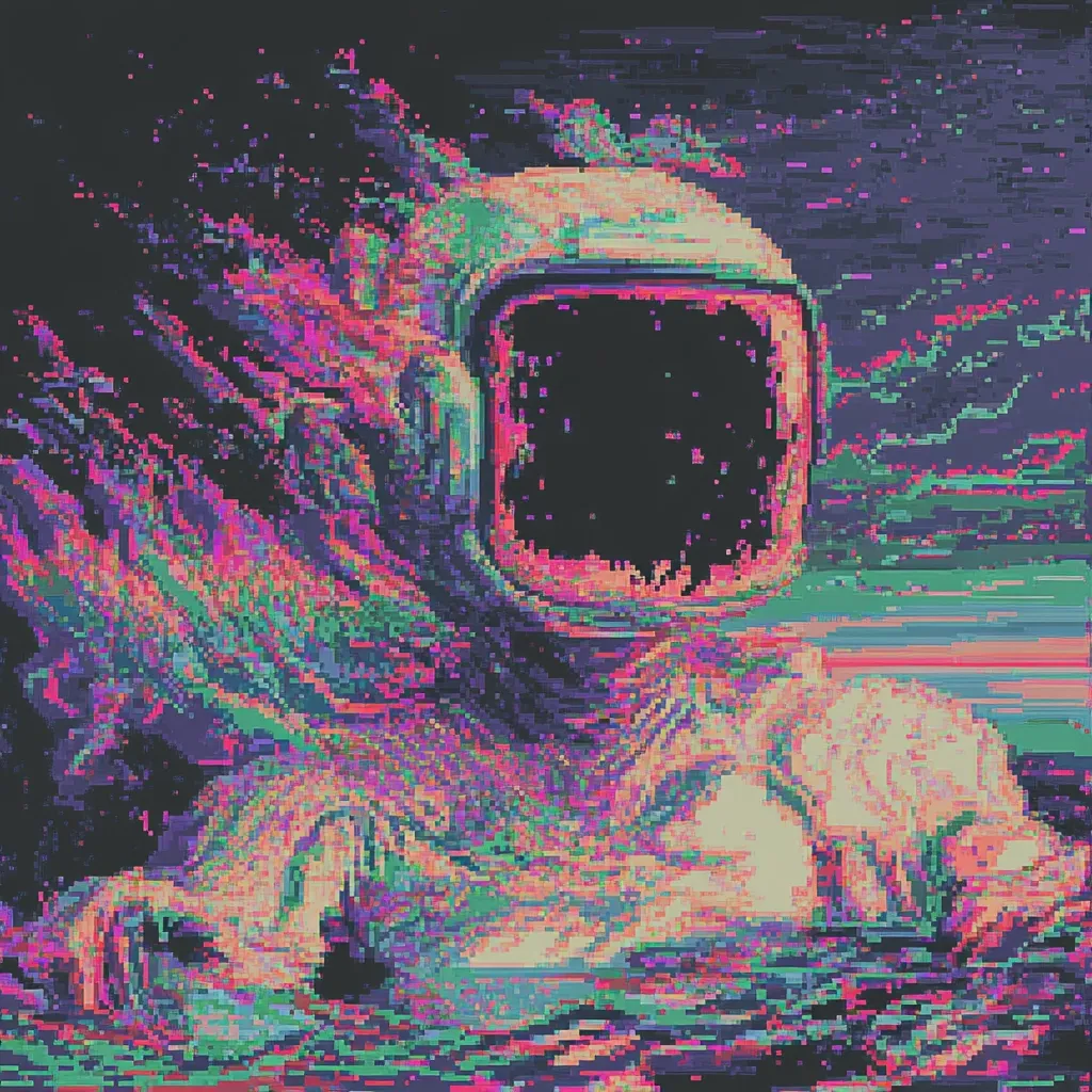 The image is a pixelated, abstract depiction of an astronaut in a white spacesuit. The background is a distorted and colorful representation of space with a dark, swirling effect. The astronaut's visor is black and empty, adding to the mysterious and surreal atmosphere of the piece. The overall aesthetic is reminiscent of a glitch art style, with vibrant colors and jagged lines.