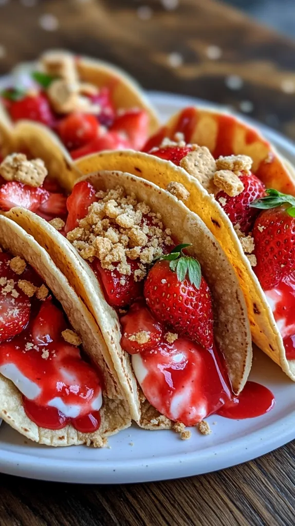 Three strawberry and cream filled tacos are on a white plate. The tacos have crushed graham cracker crumbs sprinkled over them and are drizzled with strawberry sauce. They are on a wooden surface.