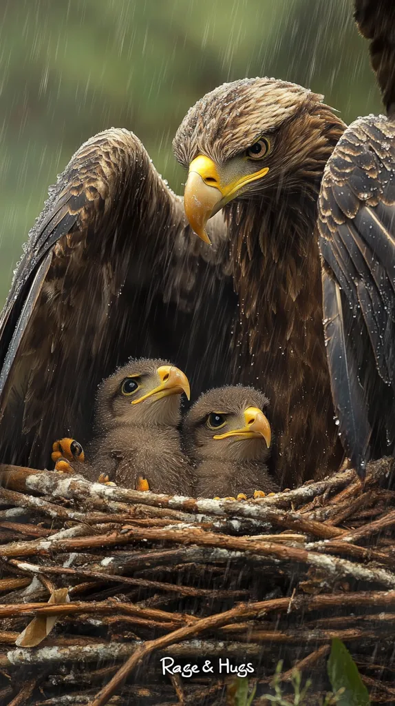 A majestic eagle, with its wings spread wide, shelters two chicks from the rain. The eagle's fierce gaze contrasts with the vulnerability of the hatchlings nestled in the intricate branches of their nest. Rain falls in the background, creating a dramatic and protective atmosphere.  The image captures the raw beauty of nature and the powerful bond between parent and child.