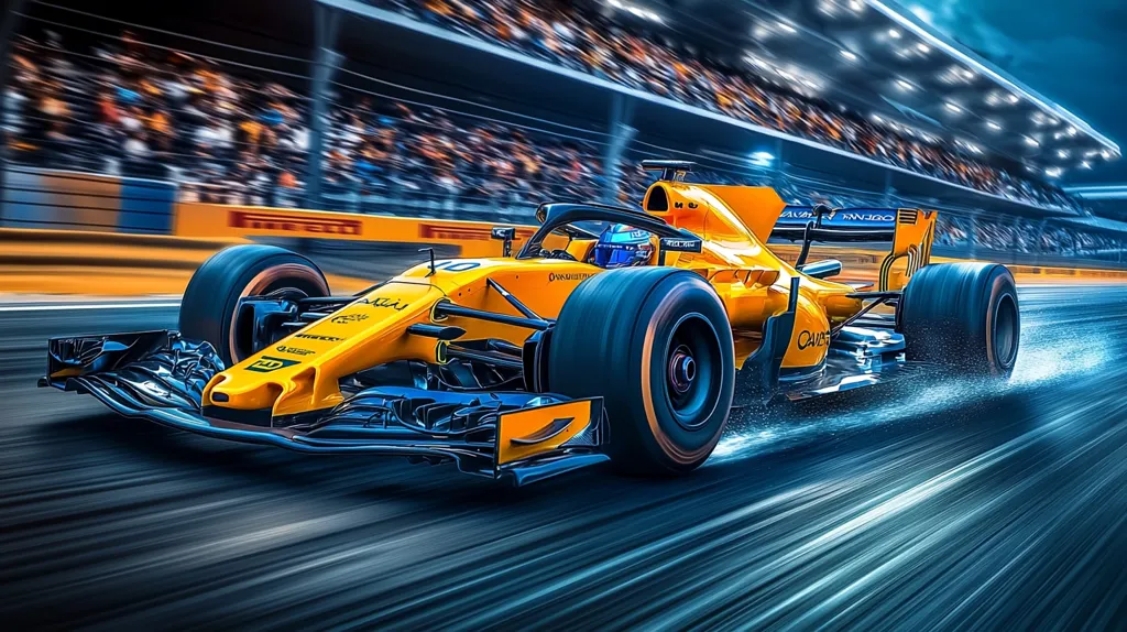 A yellow and black Formula 1 race car speeds around a track, leaving a blur of motion behind it. The car is in the foreground, while the track and a blurred crowd of spectators are in the background. The car is partially obscured by the speed lines, which give the image a sense of motion and energy.  The driver's helmet is visible inside the cockpit. The car has an Amazon logo on its side. The blue sky and bright lights in the background create a striking contrast with the bright yellow of the car.