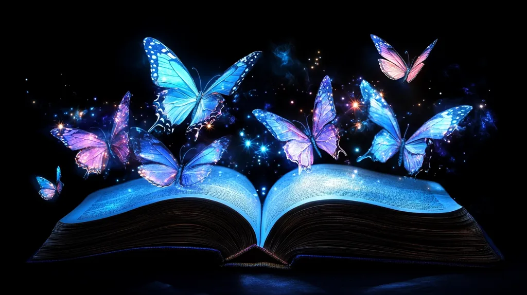 An open book lies on a dark background with shimmering blue and purple butterflies flying around it. The butterflies appear to be emerging from the pages, creating a magical and ethereal scene.  There is a soft glow around the butterflies, as if they are lit from within.  The scene suggests a world of imagination and wonder, where stories come to life.