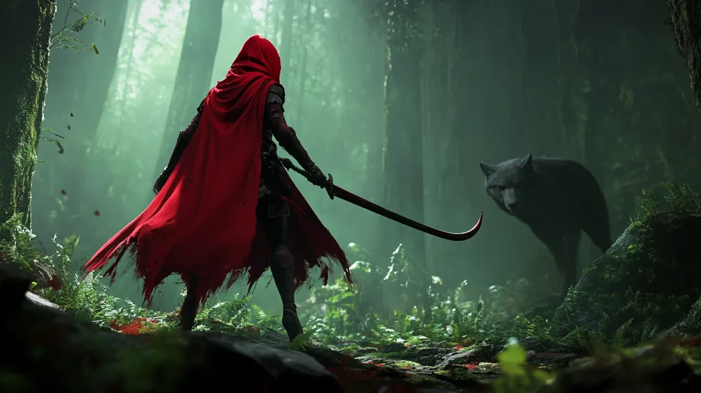 A woman in a red hooded cloak stands in a misty forest, holding a curved sword. She is facing a large black wolf, which stands in the background, its eyes fixed on her. The woman's expression is determined, while the wolf's is predatory. The scene evokes the classic fairytale of Little Red Riding Hood, but with a twist.  The woman appears ready to fight, suggesting a more powerful and assertive interpretation of the story.