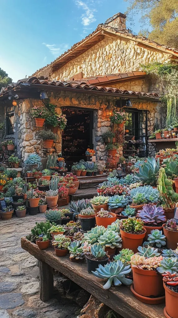 A charming stone building with a rustic charm sits nestled amongst lush greenery. The exterior is adorned with a variety of potted plants, adding a touch of vibrancy.  The building's entrance is partially obscured by a collection of succulents arranged on a weathered wooden table, creating a picturesque scene. The soft lighting and warm tones evoke a sense of tranquility and natural beauty.